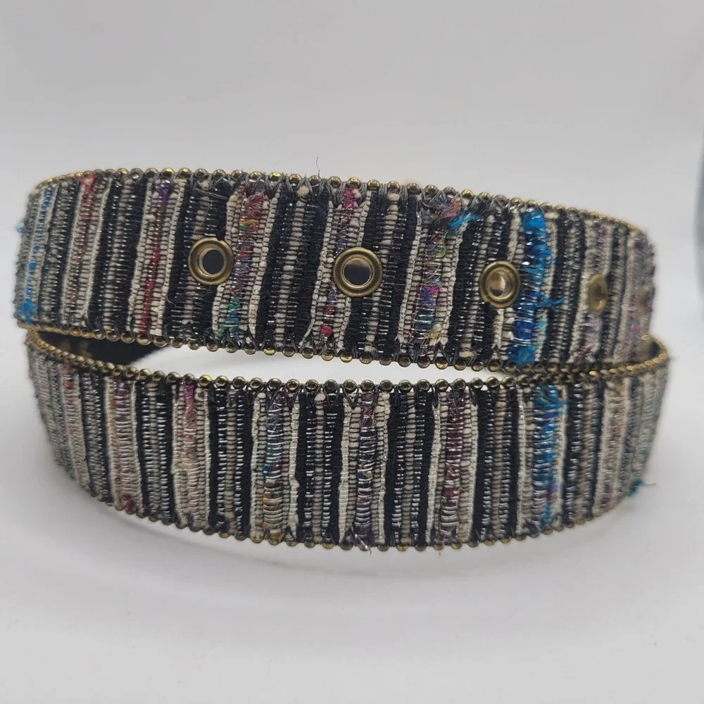 VTG Woven Fabric Belt Small Gold Buckle Boho Artisanal Textured Multicolor 90s